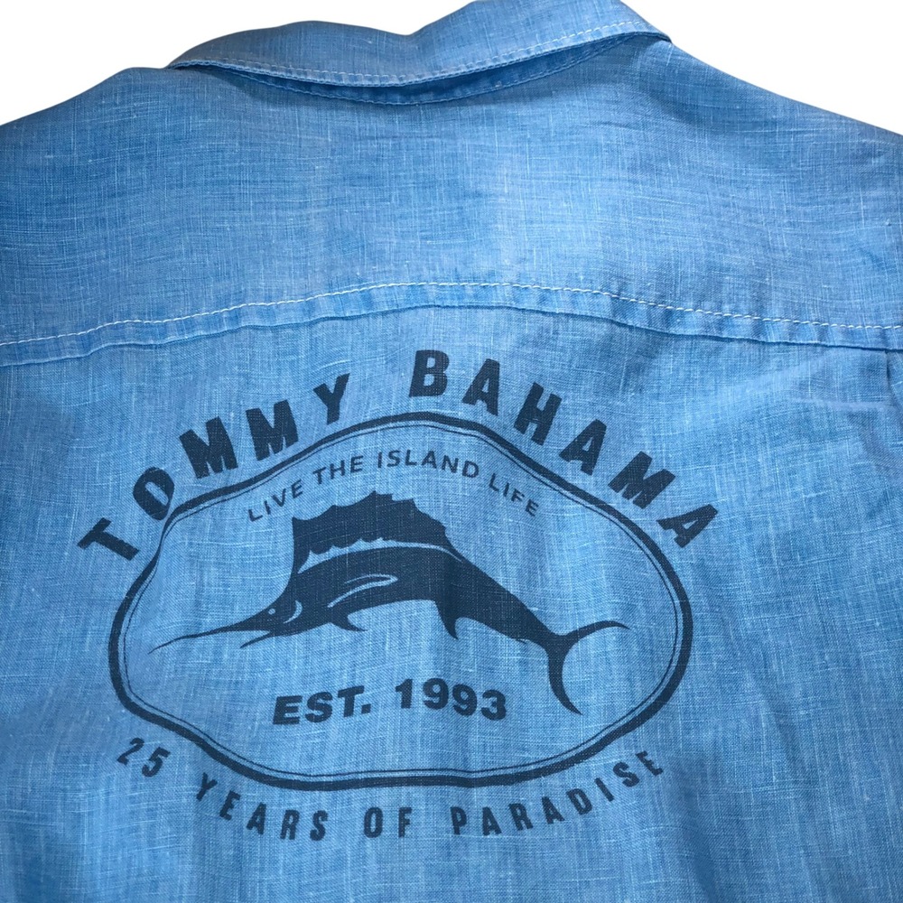 Tommy Bahama Linen Mens XL Shirt Blue 25th Years Of Paradise Coastal Island Life